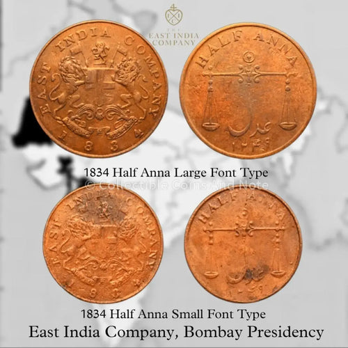 Extremely Rare East India Company 1834 Bombay Presidency Variety Set of 2 Copper Half Anna Coins Type II & Type III