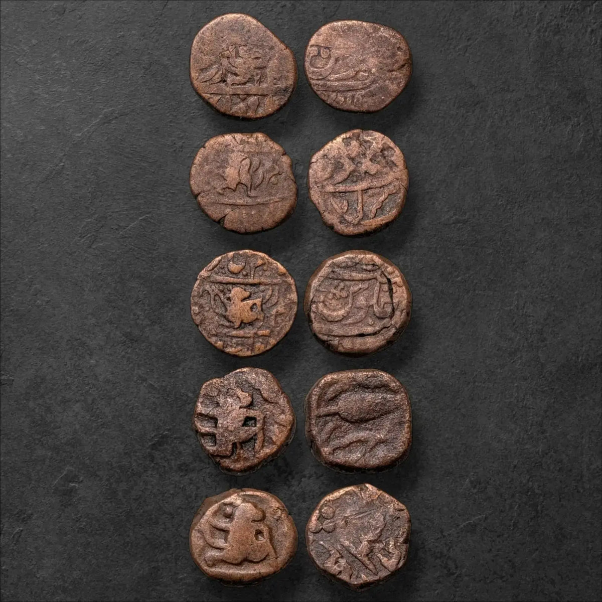 Rare Set of 5 Hanuman Ji Copper Paisa Coins – Panna & Dhar States, Shah Alam II