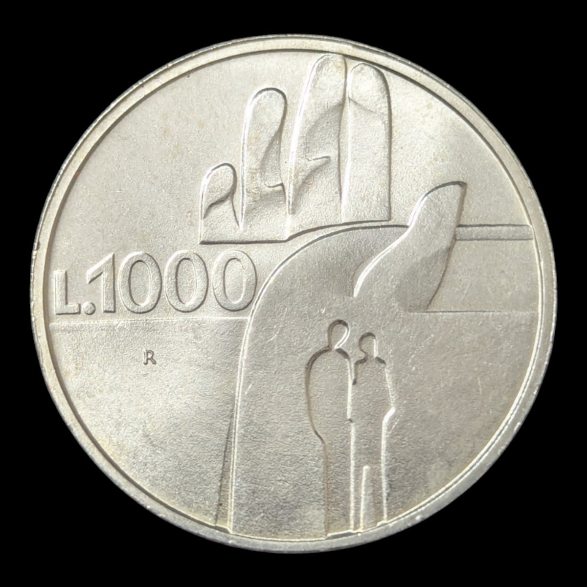 1990 San Marino 1000 Lire Silver Coin – 1,600 Years of History – Hand and Figures Design – KM#257