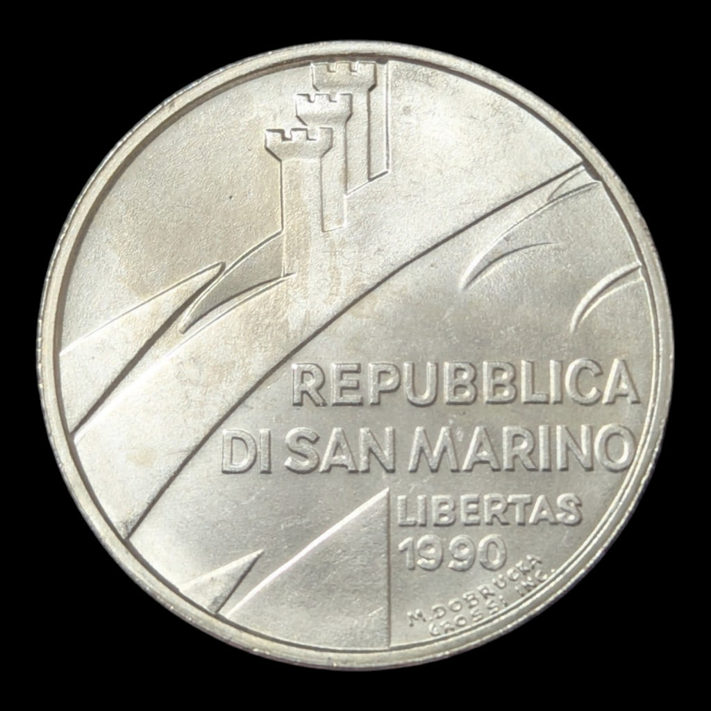1990 San Marino 1000 Lire Silver Coin – 1,600 Years of History – Hand and Figures Design – KM#257