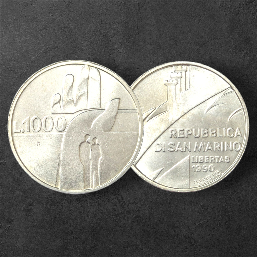 1990 San Marino 1000 Lire Silver Coin – 1,600 Years of History – Hand and Figures Design – KM#257