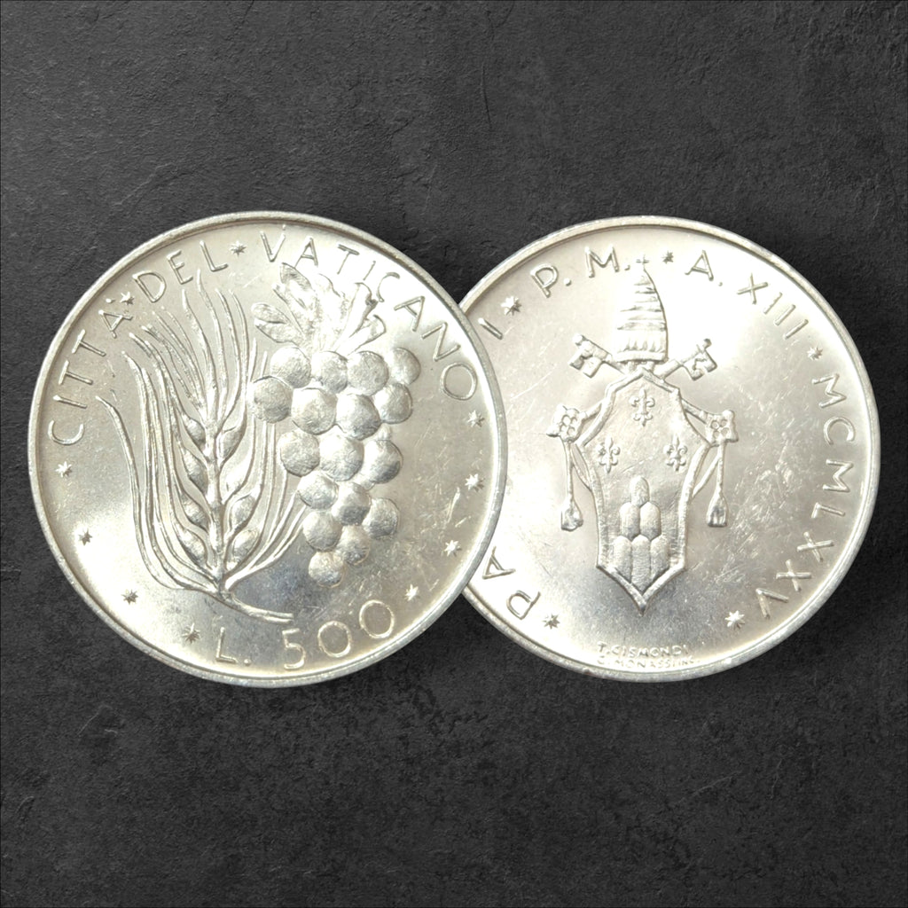 1975 Vatican City 500 Lire Silver Coin – Pope Paul VI – Wheat and Grapes – KM#123
