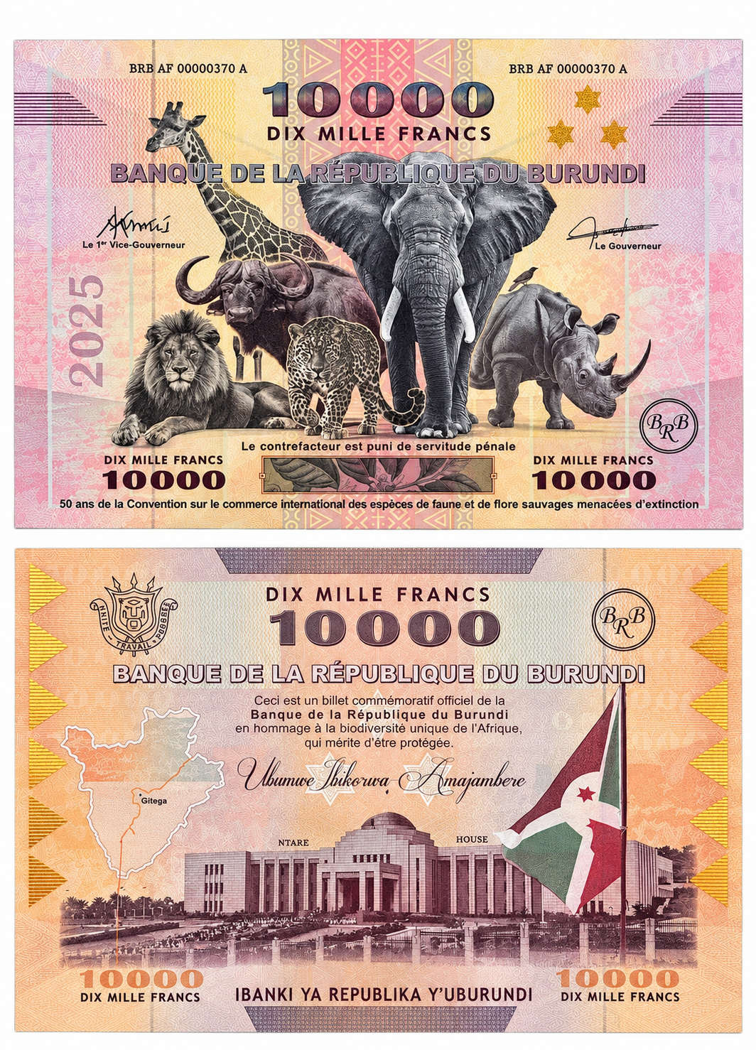 Extremely Rare Burundi 10,000 Francs Commemorative Banknote – 50th Anniversary of CITES – 400 × 288 mm – Limited Edition of 1,000 Pieces
