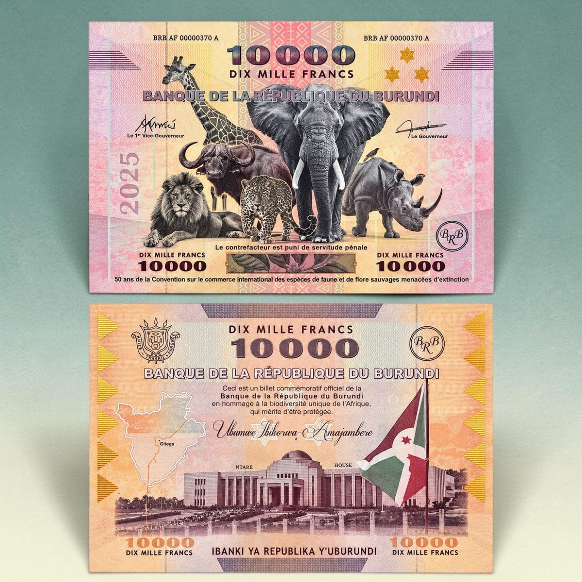 Extremely Rare Burundi 10,000 Francs Commemorative Banknote – 50th Anniversary of CITES – 400 × 288 mm – Limited Edition of 1,000 Pieces