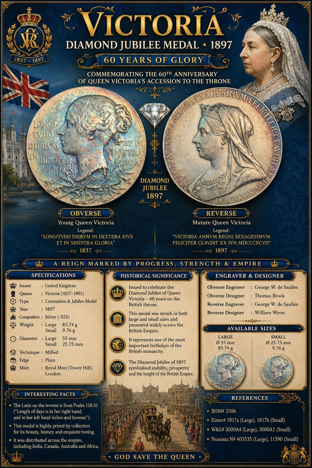 Queen Victoria Diamond Jubilee Silver Medal Pair – 1897 – Large 55 mm Medal & Miniature 32 mm Medal – Rainbow Toning