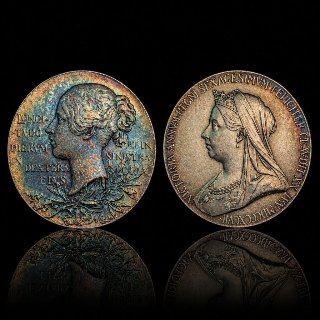 Queen Victoria Diamond Jubilee Silver Medal Pair – 1897 – Large 55 mm Medal & Miniature 32 mm Medal – Rainbow Toning