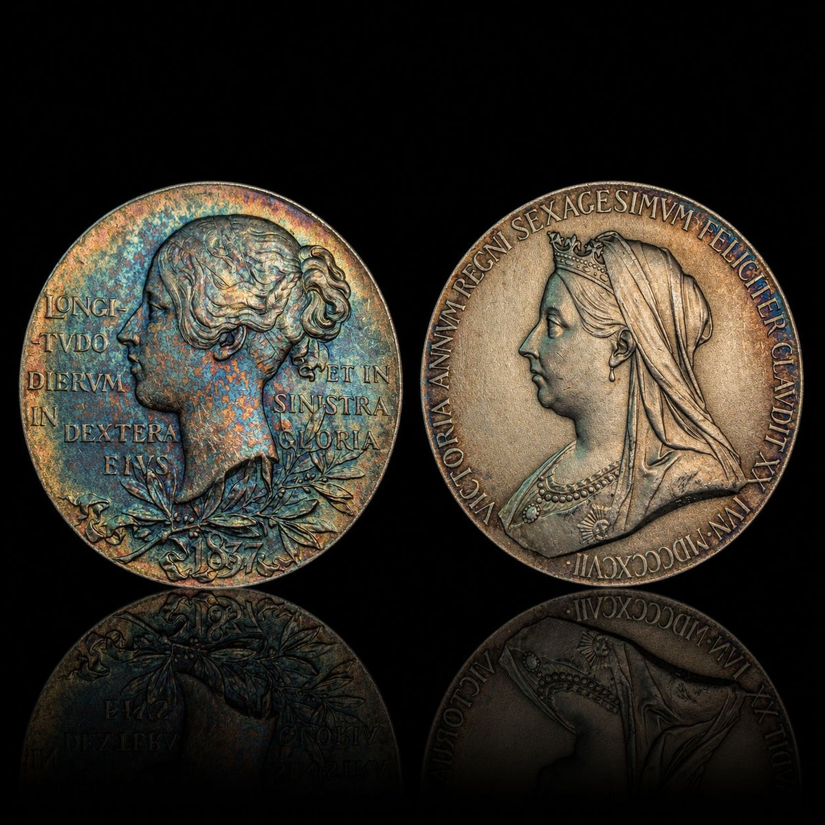 Queen Victoria Diamond Jubilee Silver Medal Pair – 1897 – Large 55 mm Medal & Miniature 32 mm Medal – Rainbow Toning