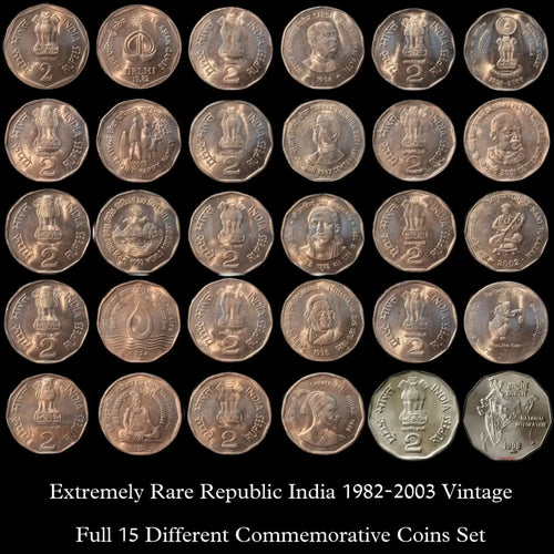 Extremely Rare Republic India Vintage Full Set of 15 Different Commemorative 2 Rupees Coins (1982-2003)