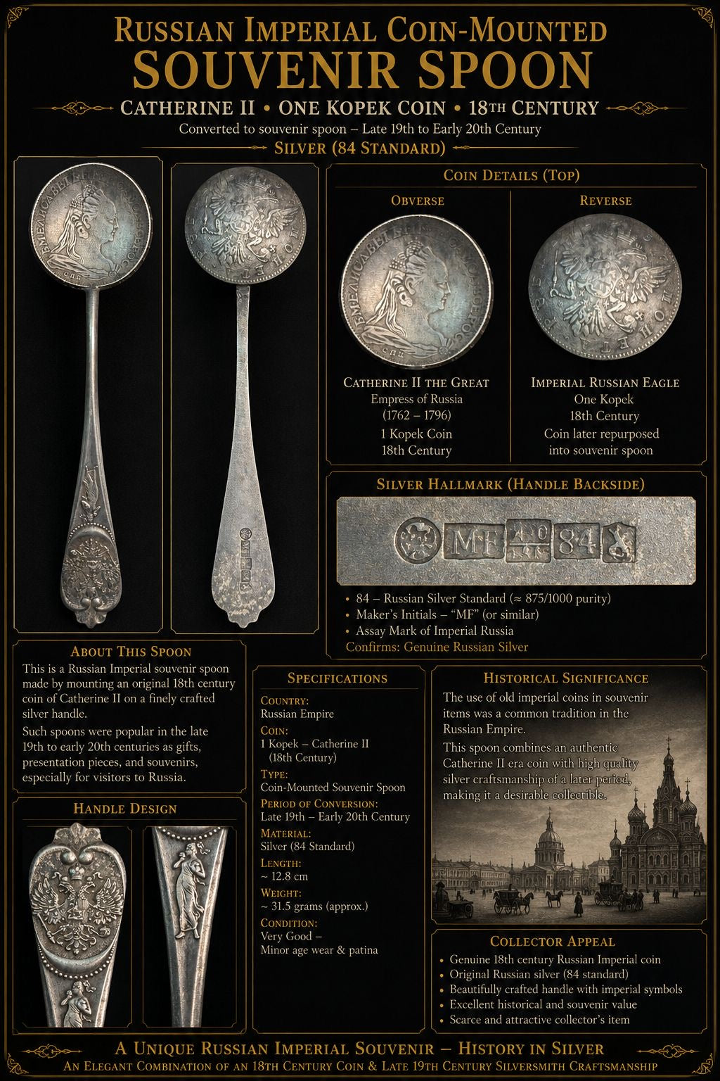 Russian Imperial Silver Souvenir Spoon – Catherine II One Kopek Coin – 84 Silver Standard – Late 19th to Early 20th Century