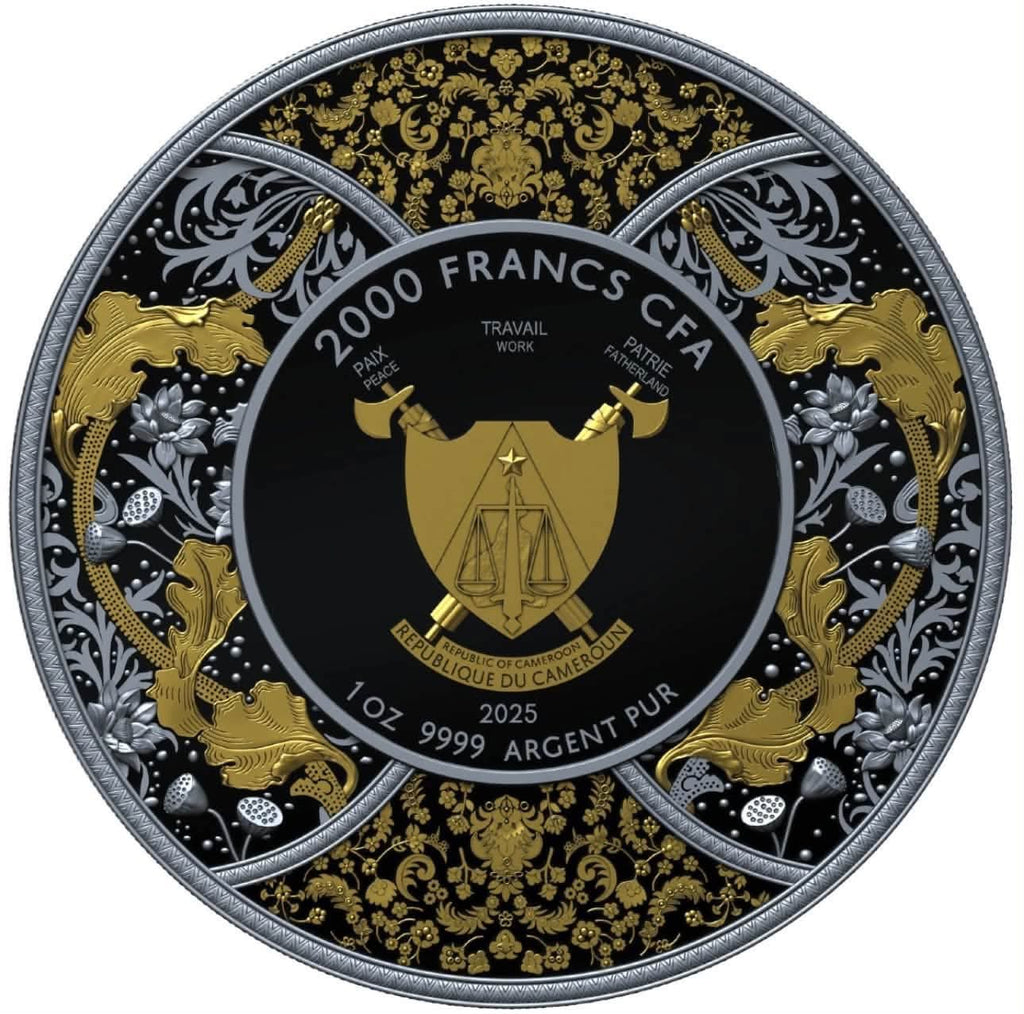 Cameroon 2025 Goddess Durga 2000 Francs CFA – 1 oz .999 Fine Silver Coin – Dark Ruthenium & Gold-Gilded Finish – Legrand Mint – Mintage 1000