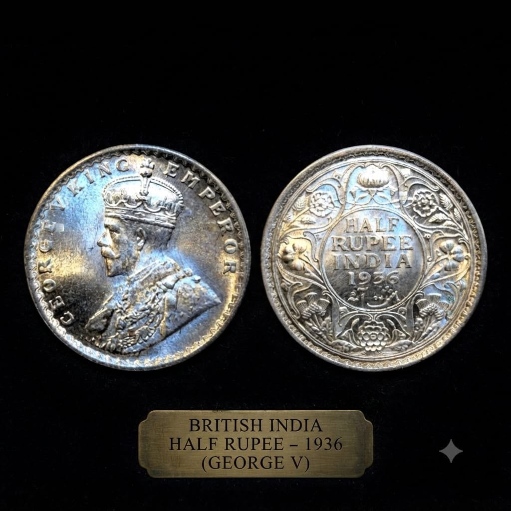 British India King George V Silver Half Rupee 1936 – Calcutta Mint – KM# 525 – Brilliant Uncirculated– 5.83 g