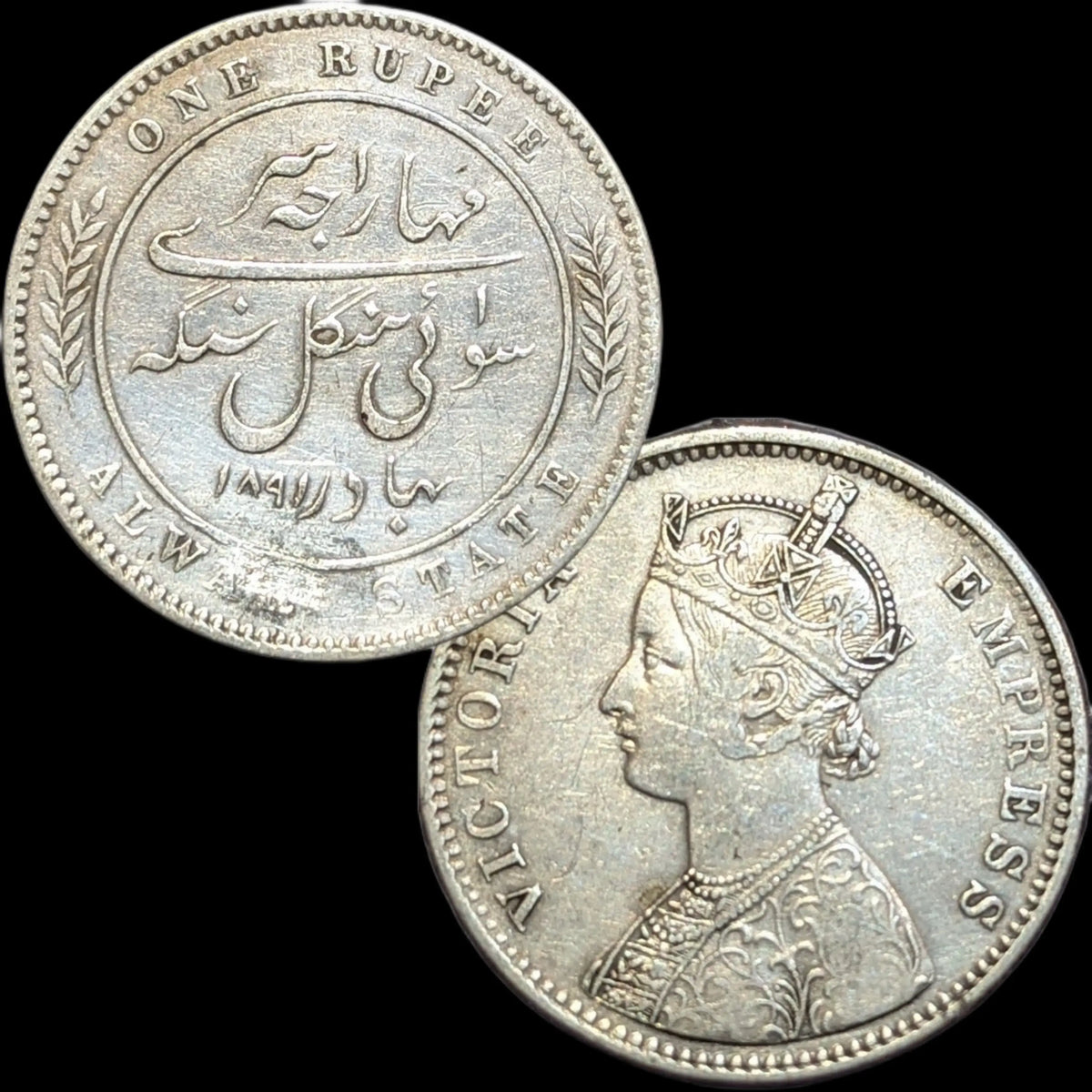 Rare Alwar State, Mangal Singh, Silver Rupee, Calcutta Mint, 1891 AD, Queen Victoria Empress Portrait, 11.58 g, 30.78 mm