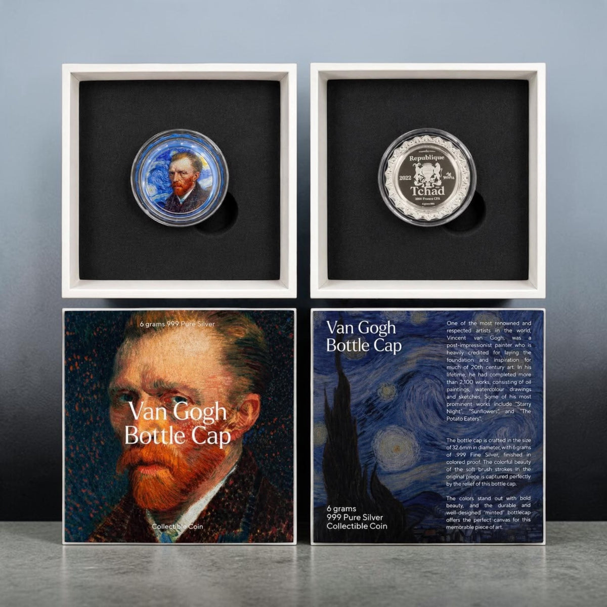 2022 Chad 1000 Francs CFA Vincent van Gogh Bottle Cap Coin – 6 g .999 Fine Silver – Colorized Proof Issue