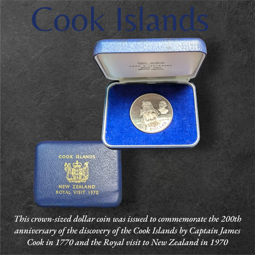 1970 New Zealand Cook Islands one dollar Queen Elizabeth 2nd 200th anniversary coin