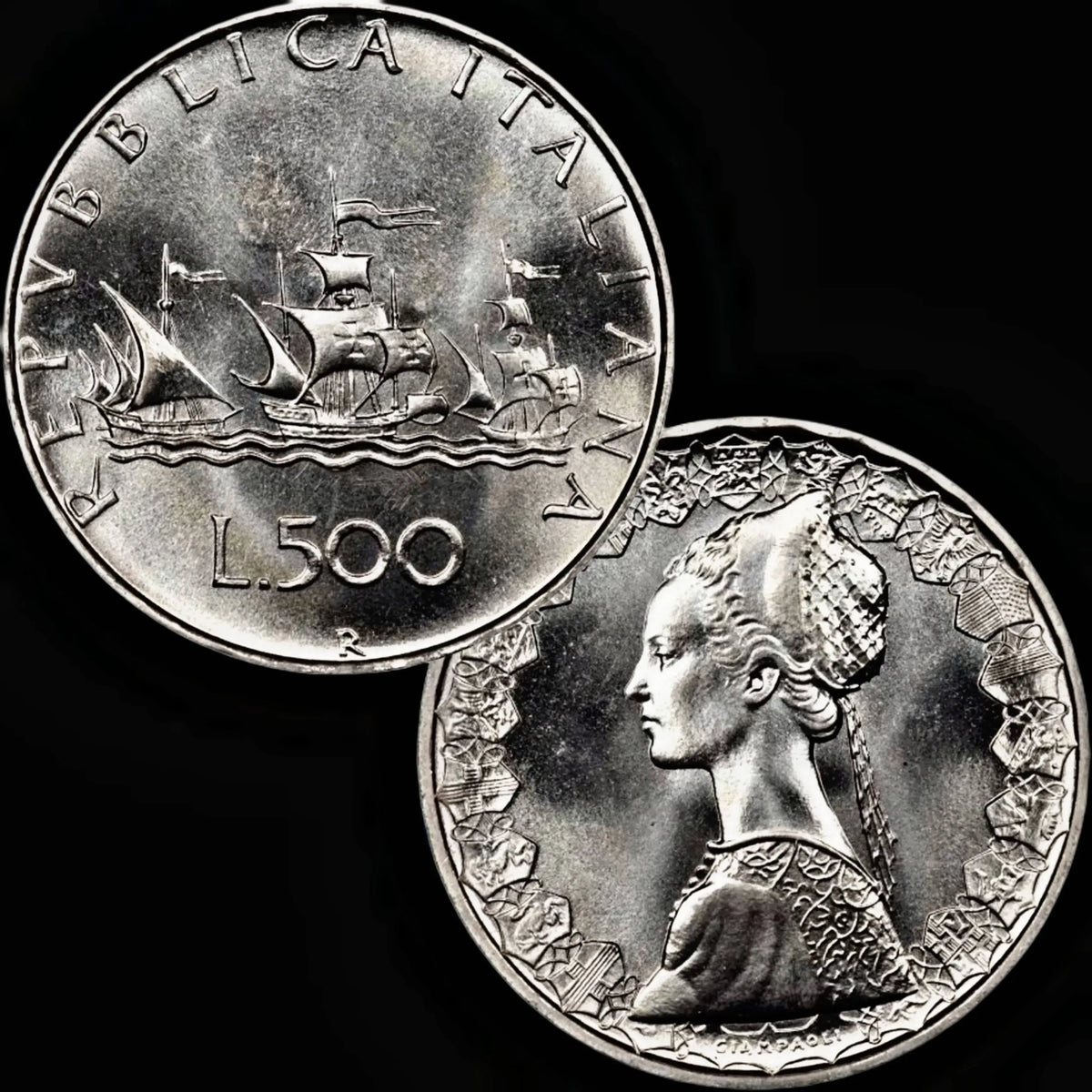Rare High-Quality Toned Gem BUNC 1966 Italy 500 Lire Silver Coin with Caravelle & Sails