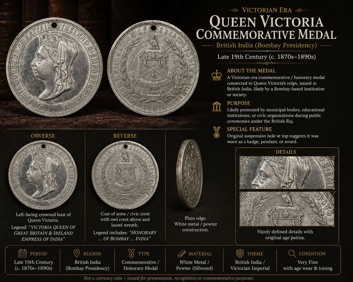 British India Queen Victoria “Empress of India” Commemorative Medal – Bombay Presidency – Victorian Era – Civic Coat of Arms & Laurel Wreath
