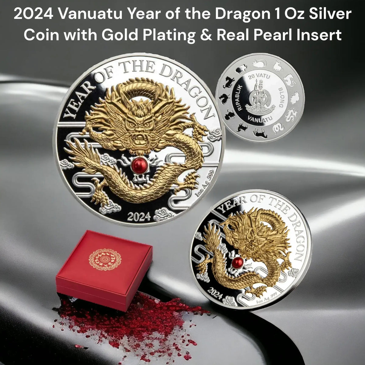 Rare 2024 Vanuatu Year of the Dragon Silver Coin with Gold Plating & Real Pearl