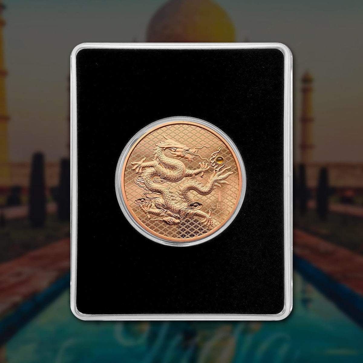 2026 Ghana Dragon & Taj Mahal 1 Cedi – Inbuilt Stone | Limited Mintage 600