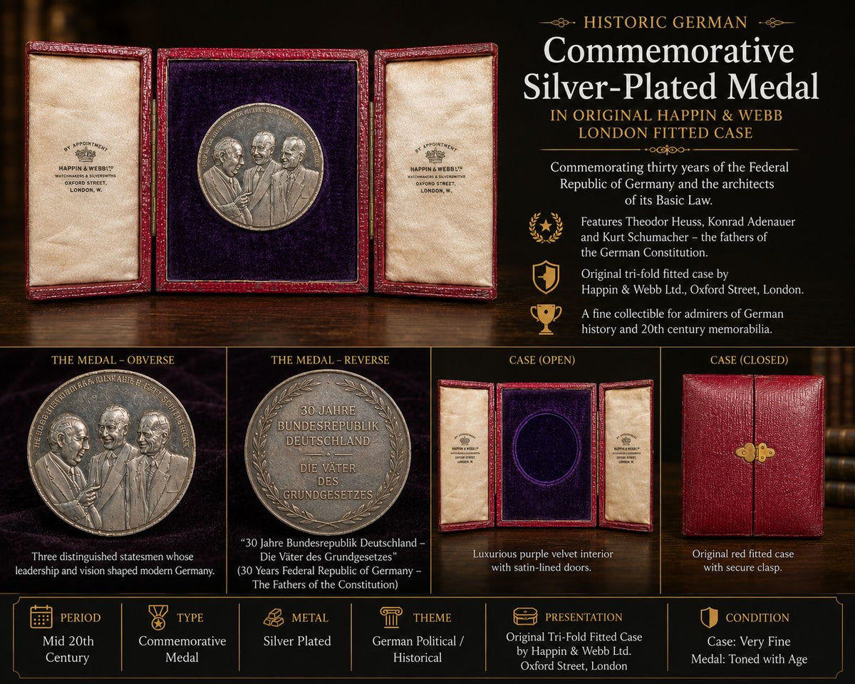 German Federal Republic 30th Anniversary Commemorative Medal – Theodor Heuss, Konrad Adenauer & Kurt Schumacher – Silver-Plated Historical Medal – Original Presentation Case