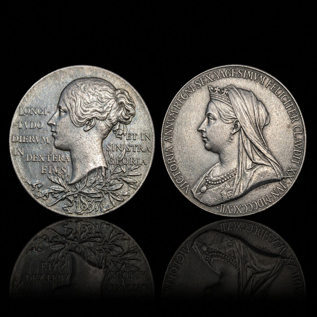 Queen Victoria Diamond Jubilee Silver Medal Pair – 1897 – Large 55 mm Medal & Miniature 32 mm Medal – Rainbow Toning