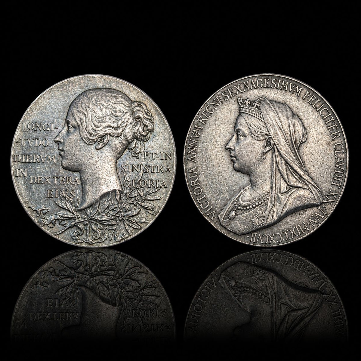 Queen Victoria Diamond Jubilee Silver Medal Pair – 1897 – Large 55 mm Medal & Miniature 32 mm Medal – Rainbow Toning