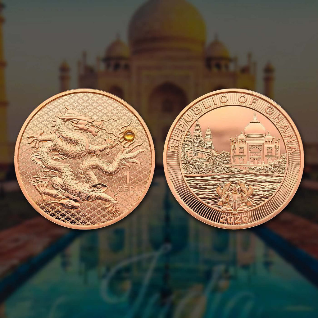 2026 Ghana Dragon & Taj Mahal 1 Cedi – Inbuilt Stone | Limited Mintage 600