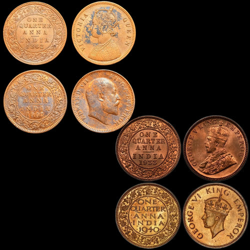 Extremely Rare British India Full Quarter Annas Set of Queen Victoria, Edward, G