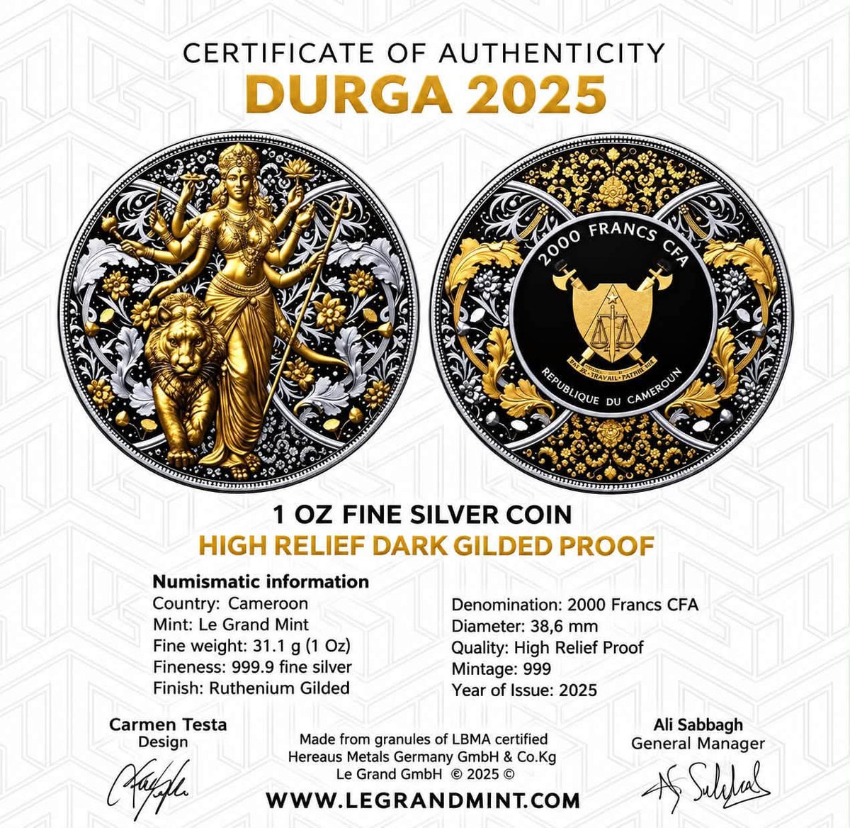Cameroon 2025 Goddess Durga 2000 Francs CFA – 1 oz .999 Fine Silver Coin – Dark Ruthenium & Gold-Gilded Finish – Legrand Mint – Mintage 1000