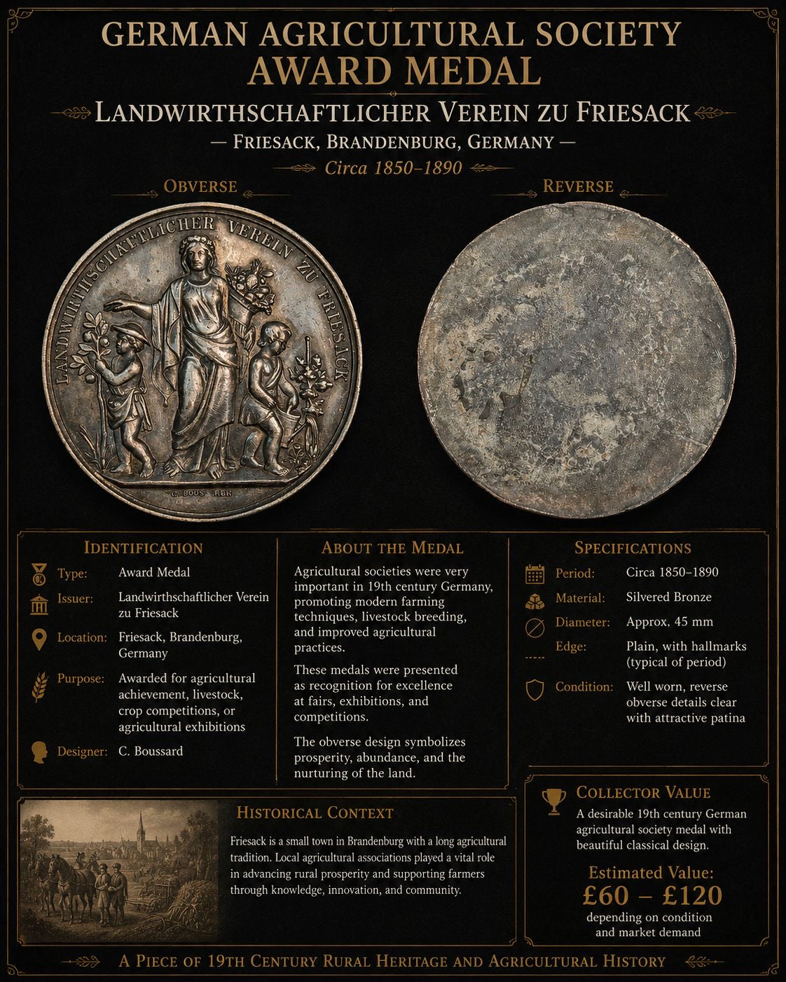 German Agricultural Society Award Medal – Landwirtschaftlicher Verein zu Friesack – Brandenburg, Germany – 19th Century – Silvered Bronze