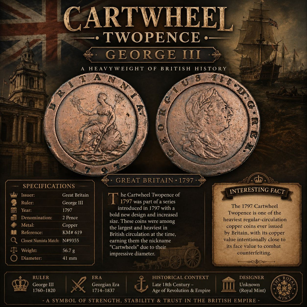 Great Britain 1797 Cartwheel Two Pence – King George III – Soho Mint – Large Copper Coin, 56.7 g