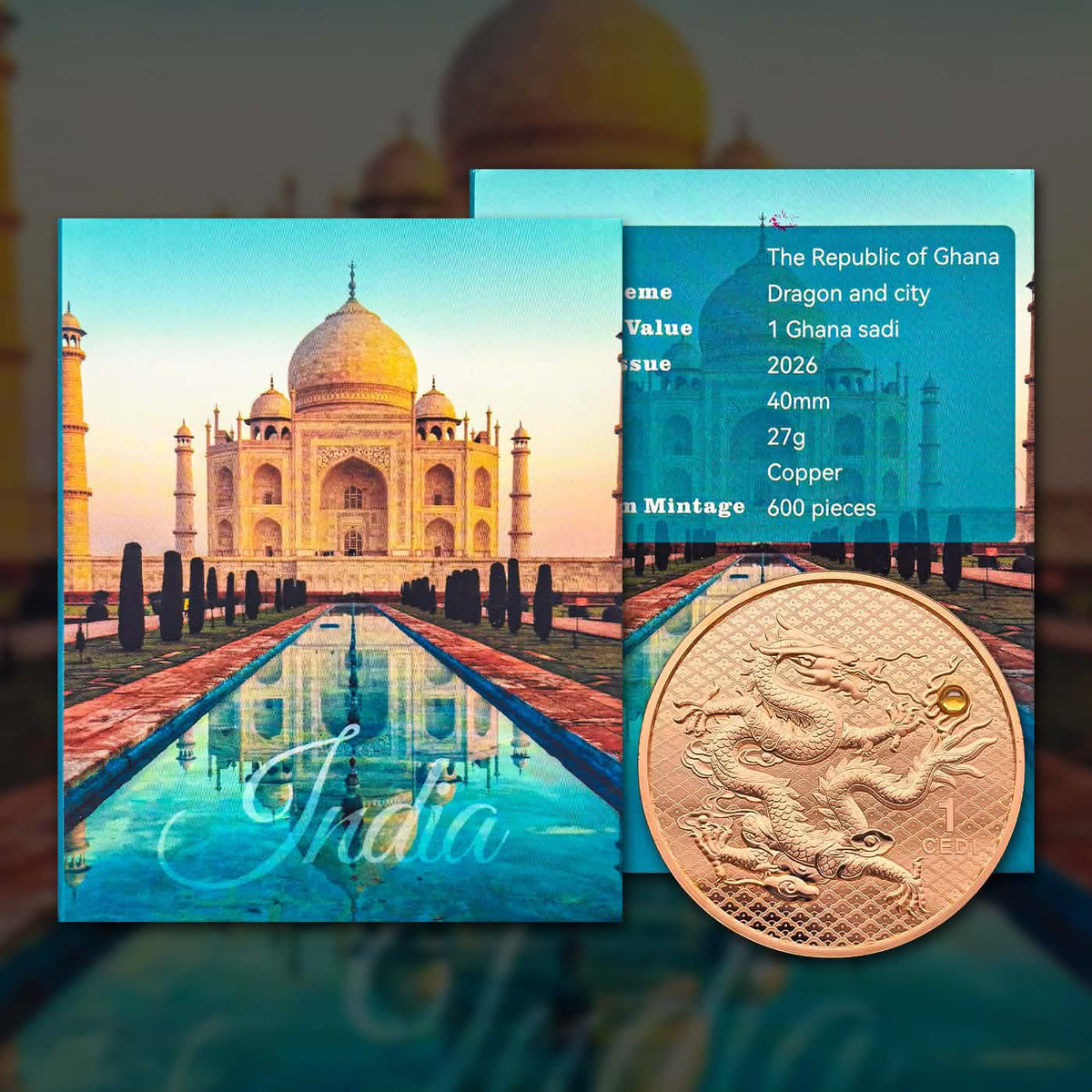 2026 Ghana Dragon & Taj Mahal 1 Cedi – Inbuilt Stone | Limited Mintage 600