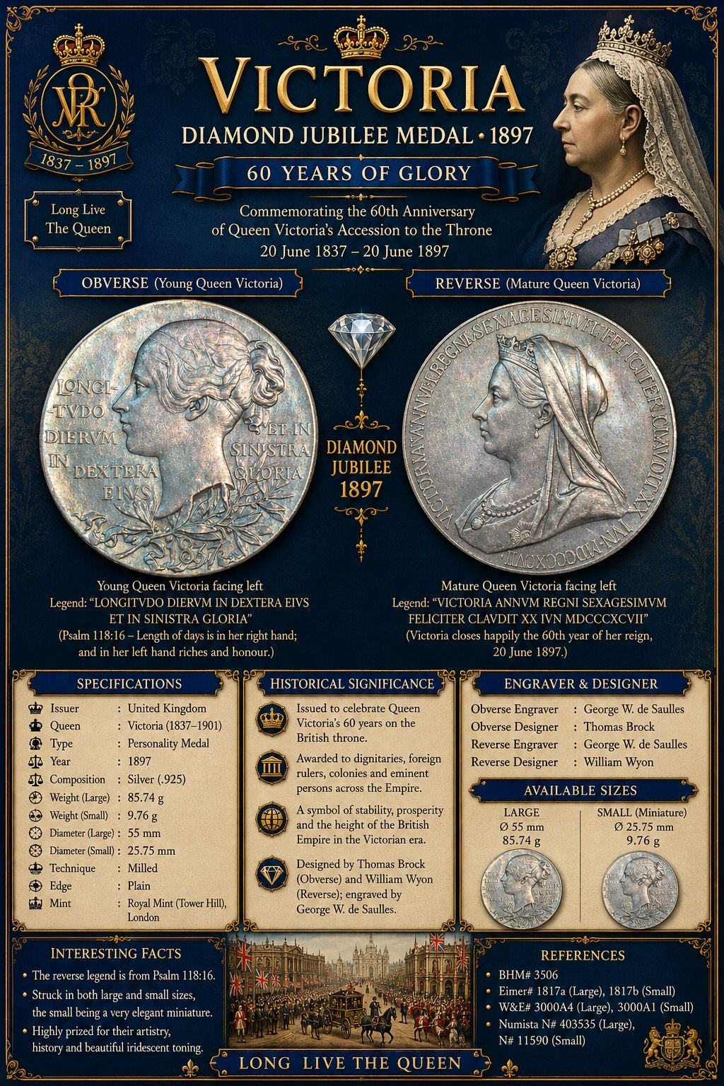 Queen Victoria Diamond Jubilee Silver Medal Pair – 1897 – Large 55 mm Medal & Miniature 32 mm Medal – Rainbow Toning