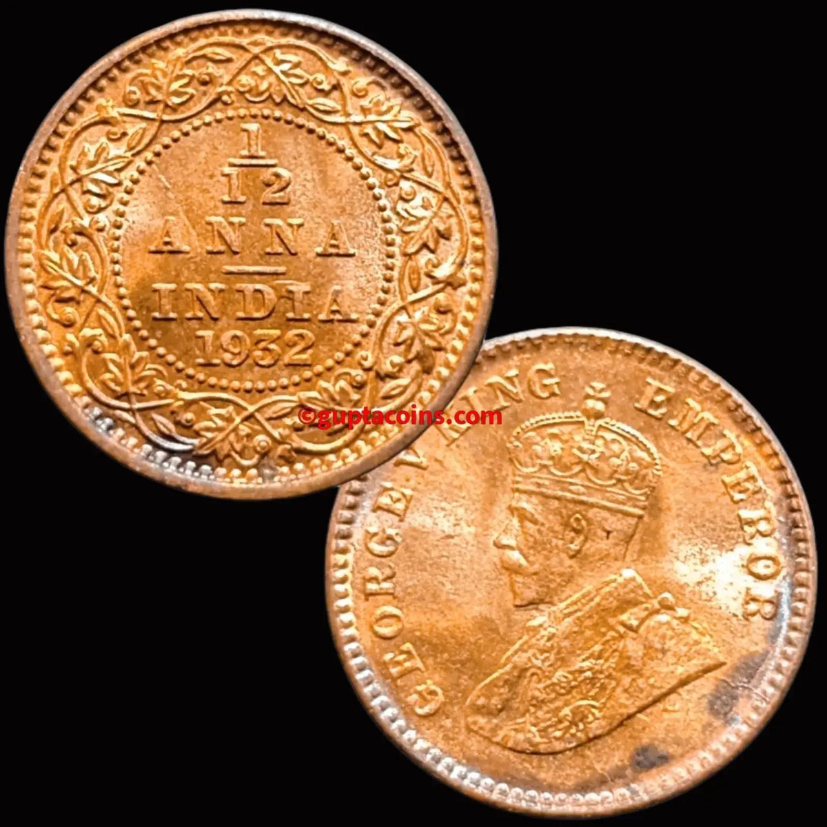 Rare British India 1/12 Anna Coin - George V 1912-1936 Bronze UNC Coin