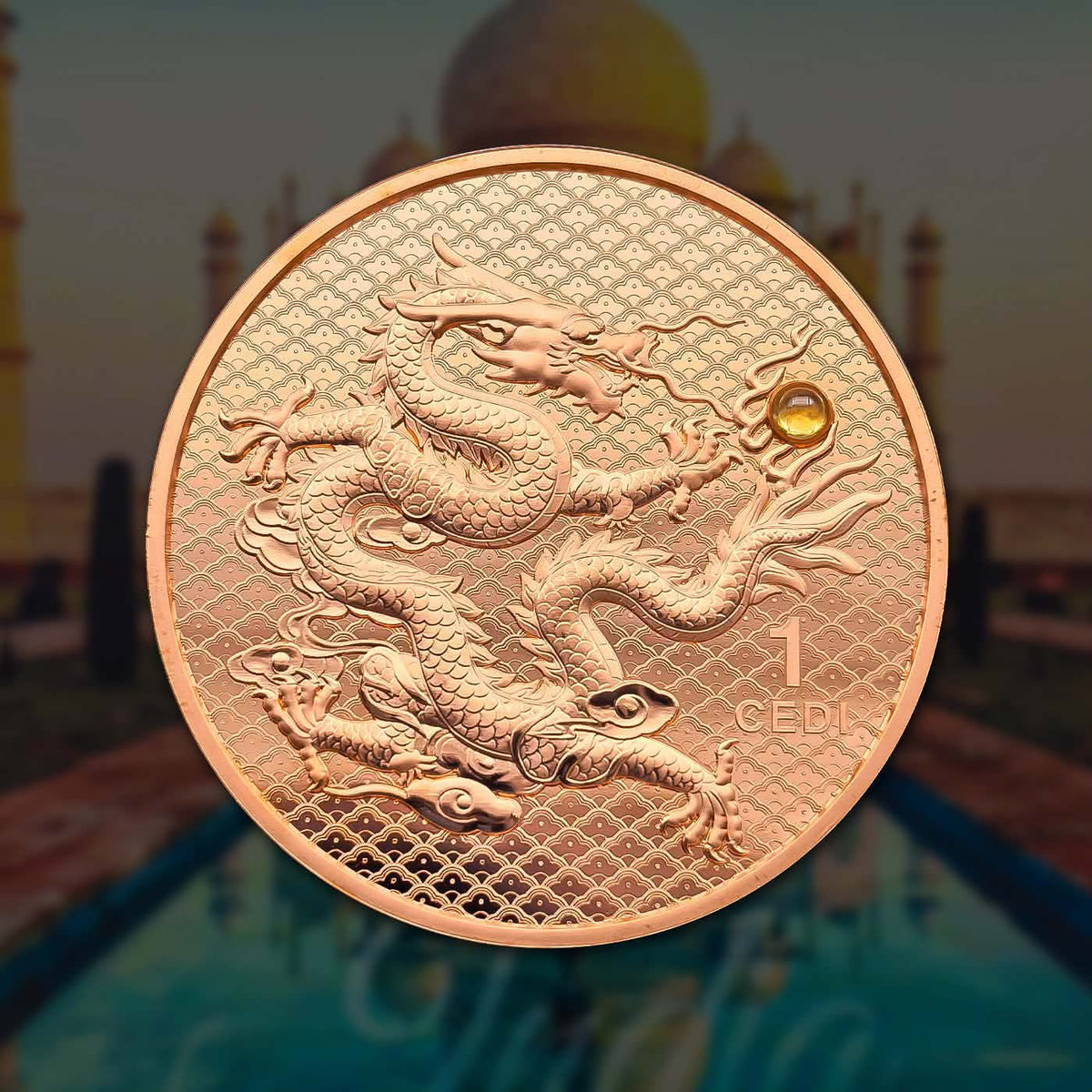 2026 Ghana Dragon & Taj Mahal 1 Cedi – Inbuilt Stone | Limited Mintage 600