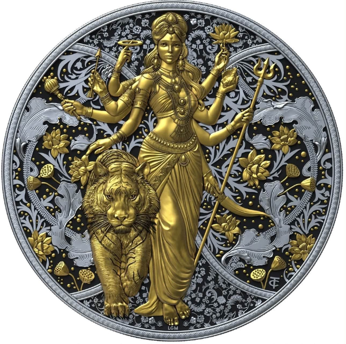 Cameroon 2025 Goddess Durga 2000 Francs CFA – 1 oz .999 Fine Silver Coin – Dark Ruthenium & Gold-Gilded Finish – Legrand Mint – Mintage 1000
