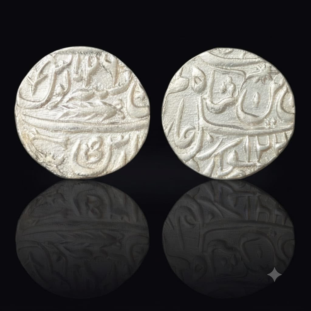 Awadh State Silver Rupee – Shah Alam II – Lucknow Mint – Fish (Mahi Maratib) Mint Mark – Frozen Mughal Style – AH 12xx