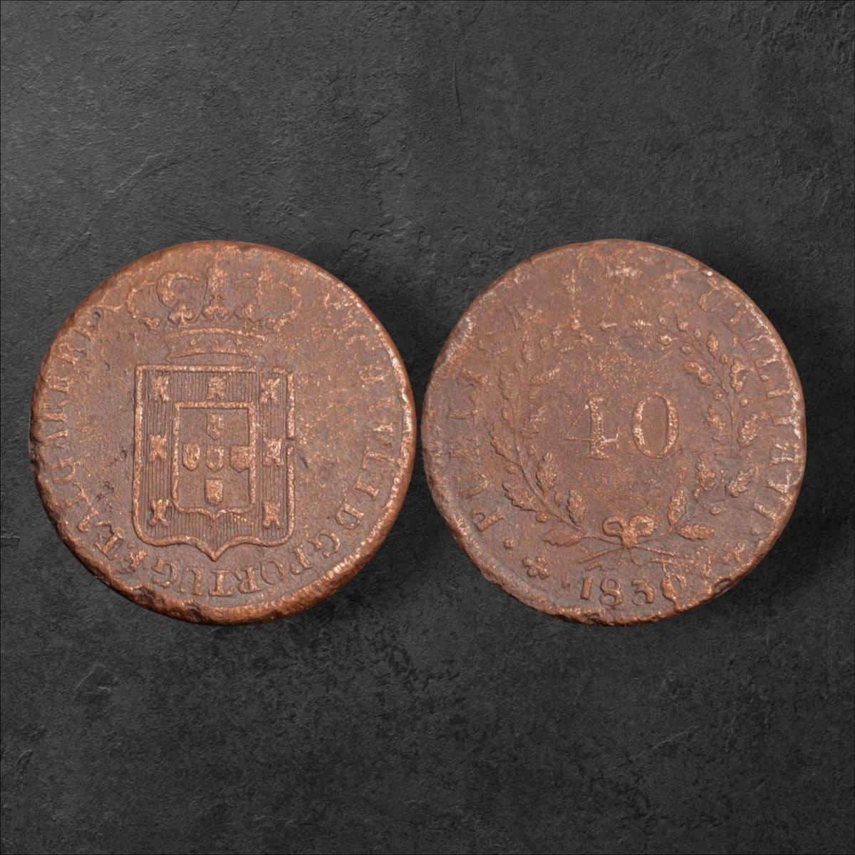 Portugal 1830 40 Reis Copper Coin – Portuguese Royal Shield Type – Early 19th-Century Coinage