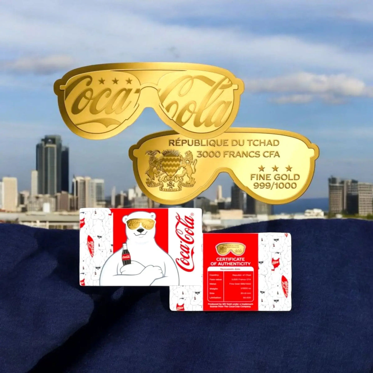 Chad Republic Official COCA-COLA SUNGLASSES 1/1000oz GOLD .999 with COA