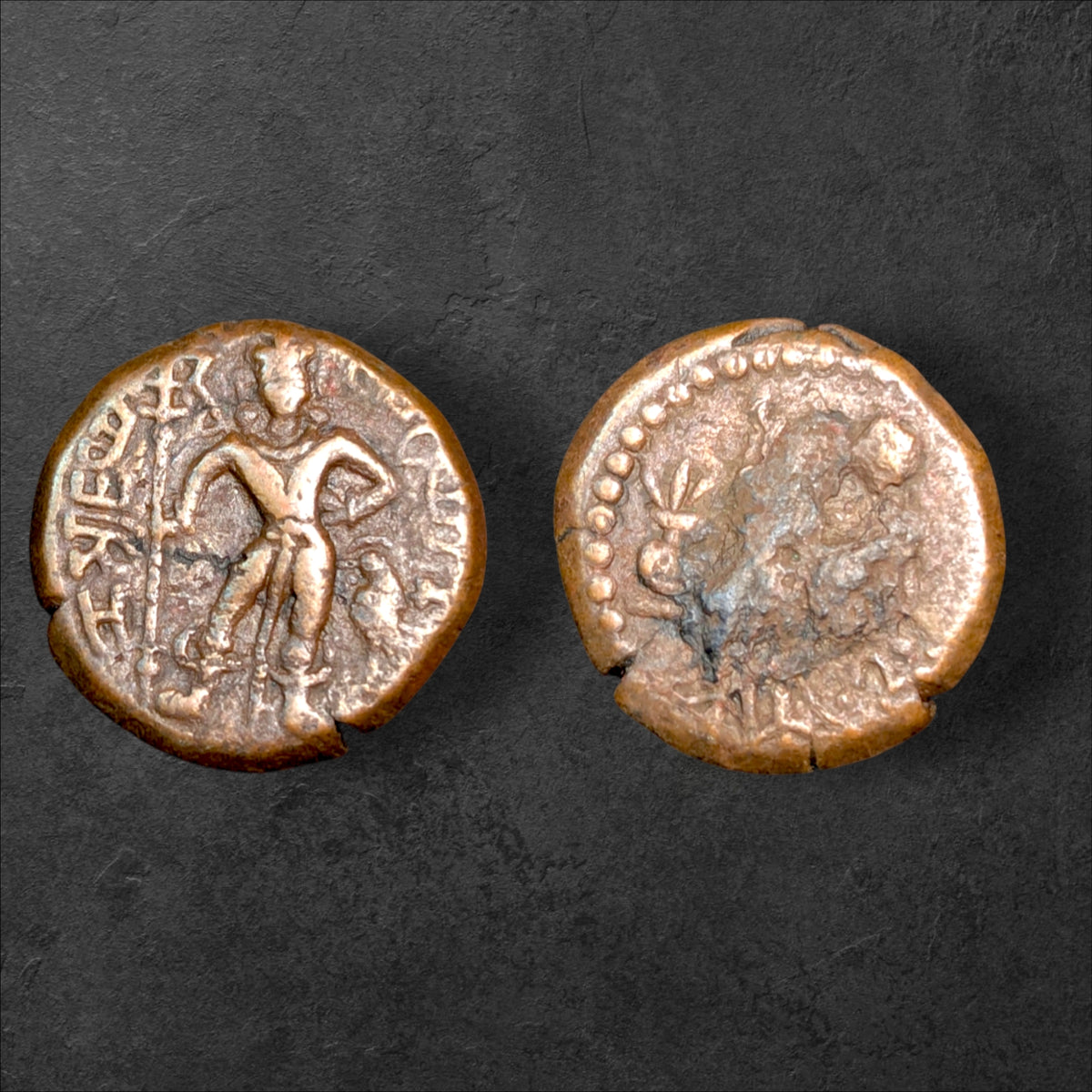 Ancient Haryana Yaudheya Republic Karttikeya & Devasena Copper Coin – 11.52g – c. 3rd–4th Century CE – 1,700+ Years Old