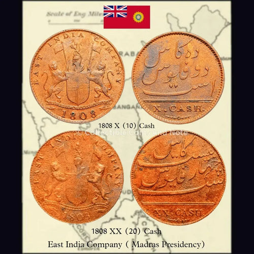 Extremely Rare East India Company Madras Presidency Soho Mint Set of Copper XX & X Cash 1808 AD KM#321/319