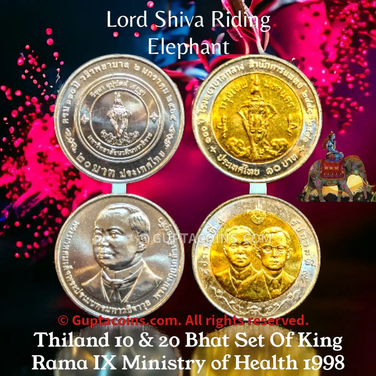 Thailand Hindu God Lord Shiva Riding Elephant 20 And 10 Baht Proof Coin Set