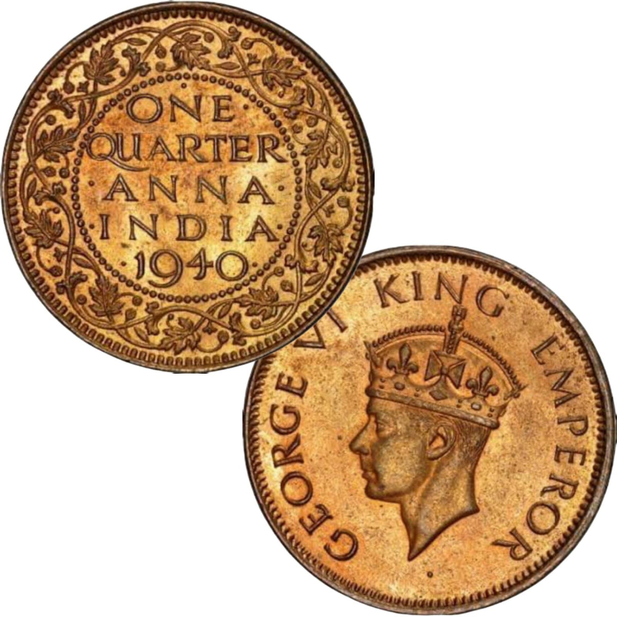 British India 1/4 Anna Coin (1938-1942) - George VI, Bronze, Standard Circulation