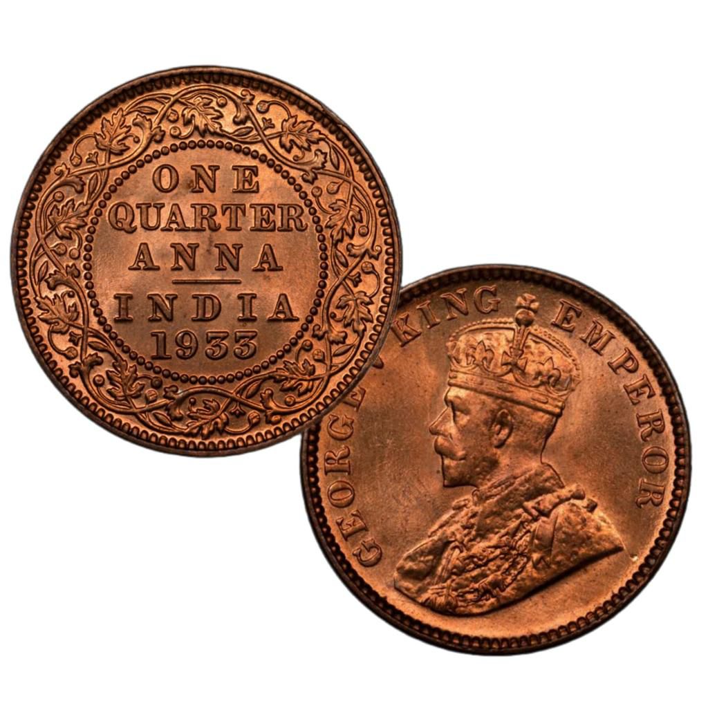 British India 1/4 Anna Coin (1930-1936) - George V, Bronze, Standard Circulation
