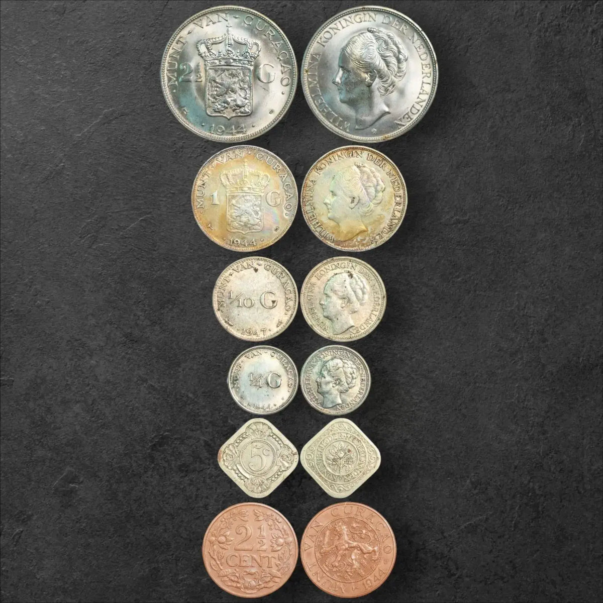 ?? WWII Netherlands (Curaçao Issue) – Complete 1944 Silver & Copper Set

Queen Wilhelmina (Reign: 1890–1948)