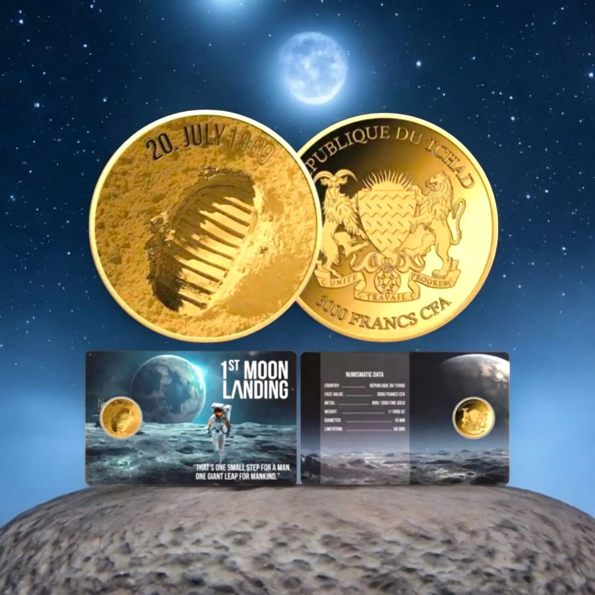 Chad Republic Official MOON LANDING 1/1000oz GOLD .999 with COA