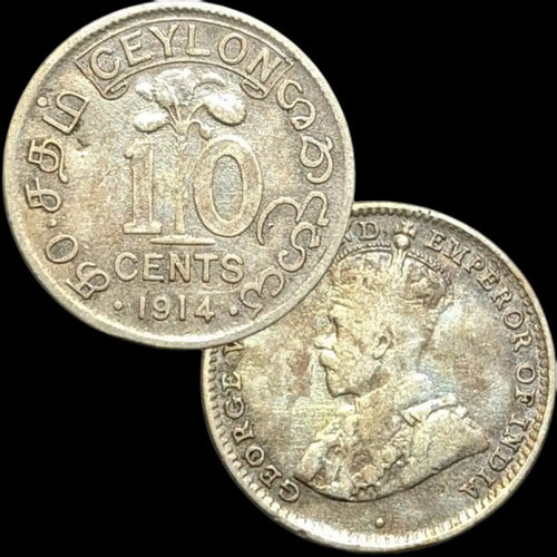 British Administered Sri Lanka (Ceylon) - 10 Silver Cents Coin, 1914, George V Portrait