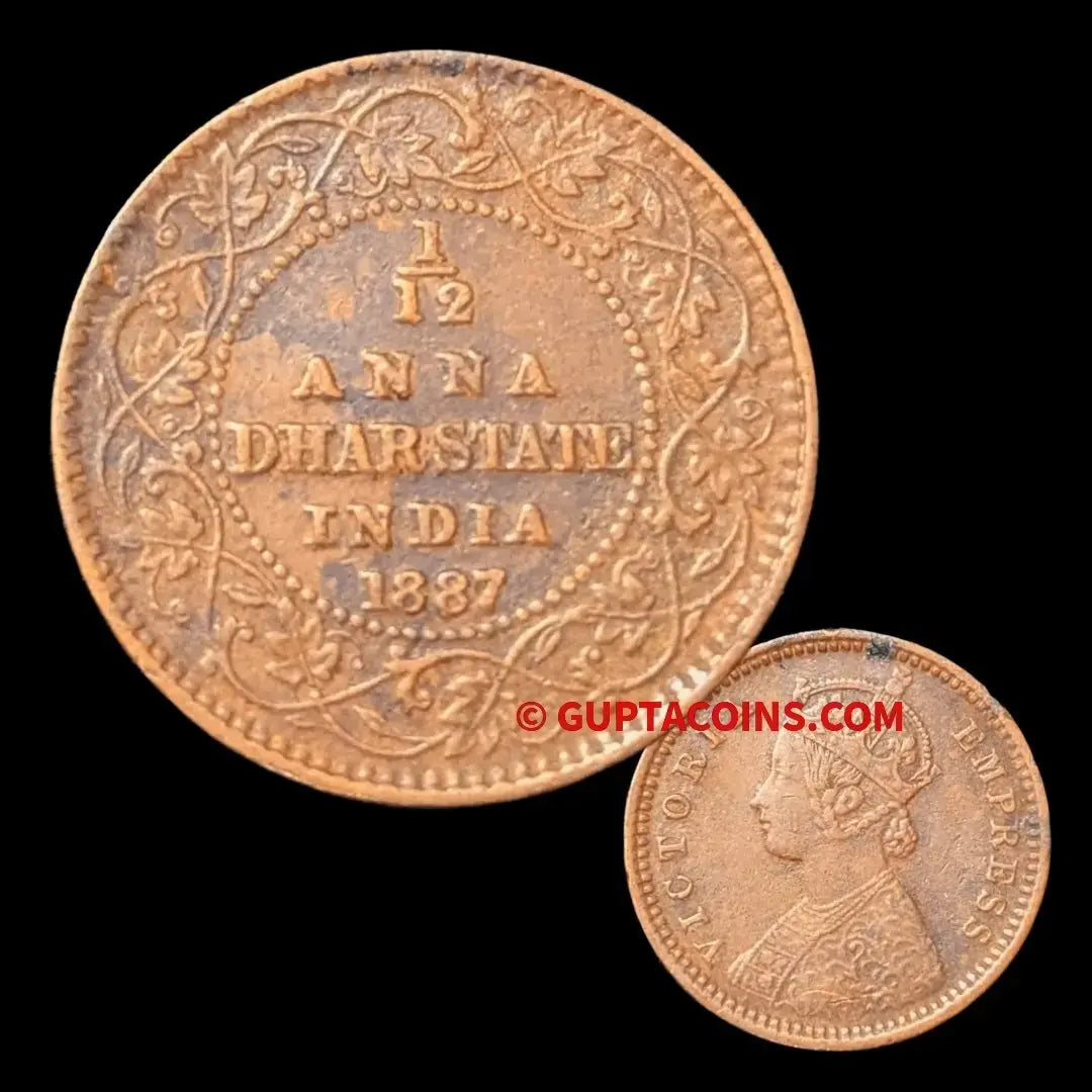 Rare Dhar State Anand Rao III Copper 1/12 Anna, 1887 INO Victoria Empress