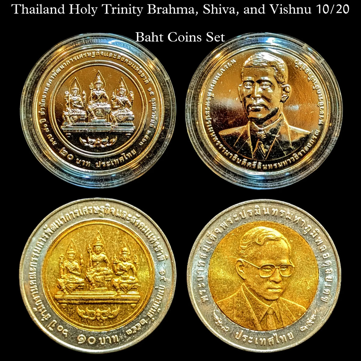Thailand Holy Trinity Brahma, Shiva, and Vishnu 10/20 Baht Coins Set - Rama IX