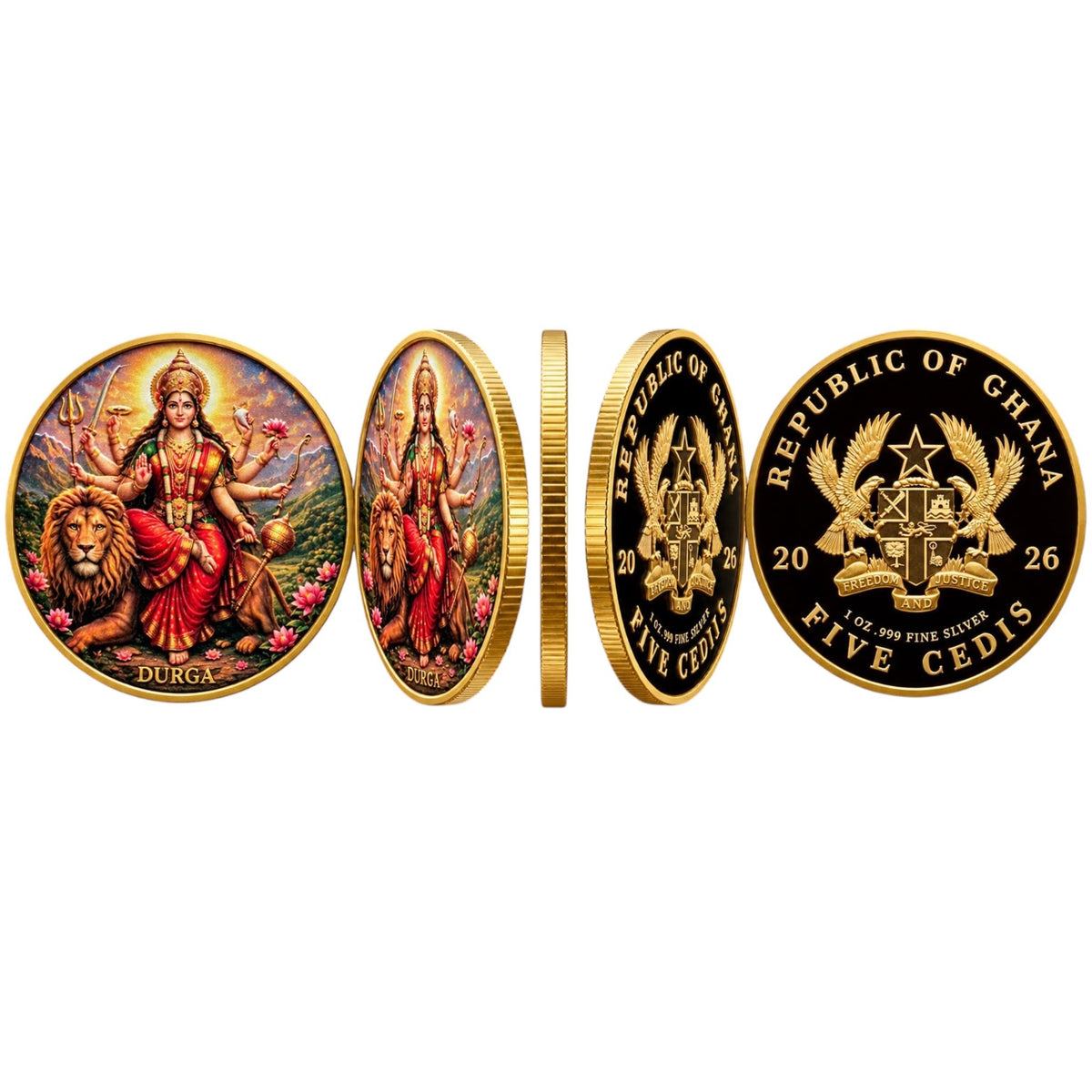 Ghana 2026 Goddess Durga 5 Cedis – 1 oz .999 Fine Silver Coin – High Relief, Gold Gilded & Colorized – Durga with Lion