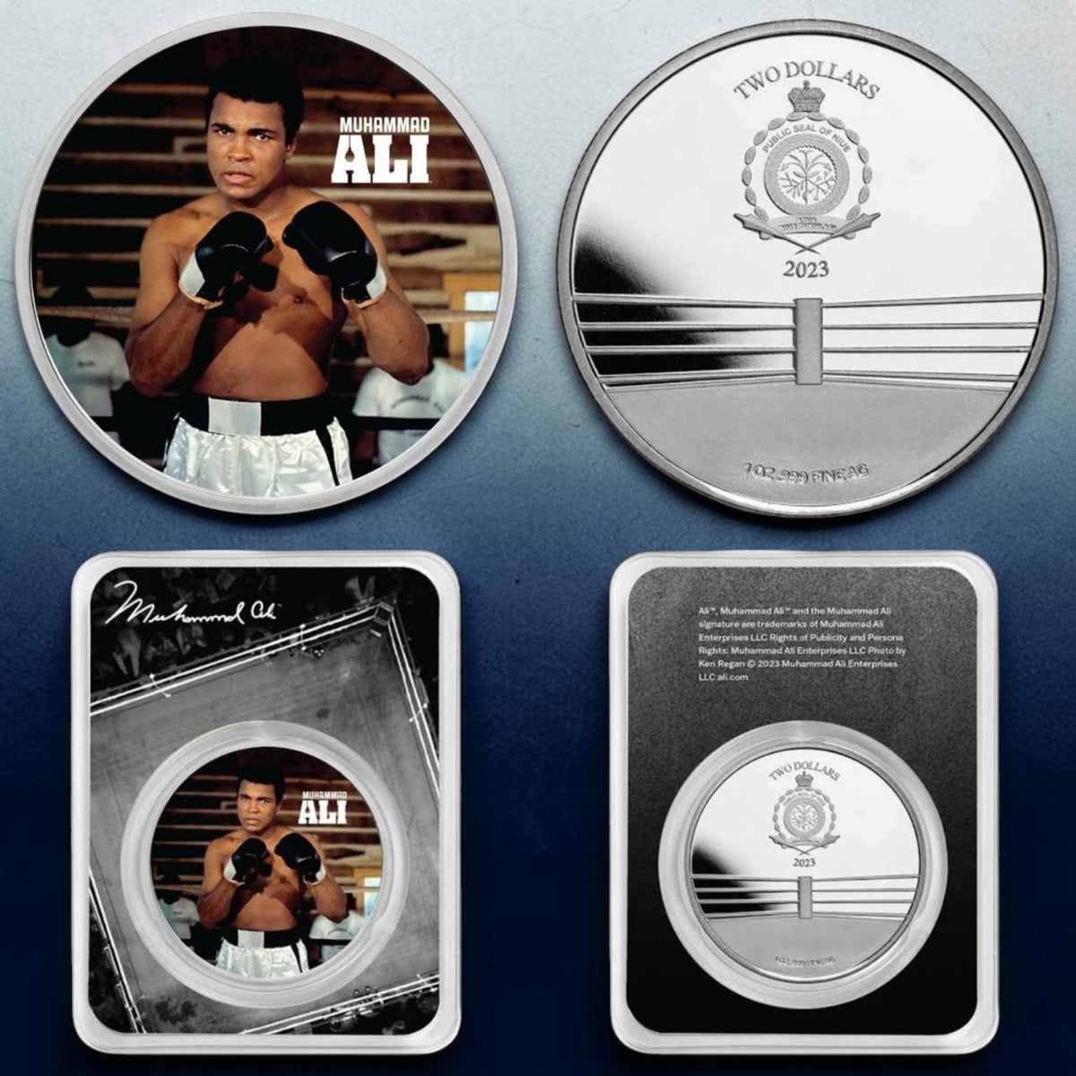 Niue 2023 Muhammad Ali Two Dollars – 1 oz (31.1 g) .999 Fine Silver Coin – Colorized Proof – Original Display Card